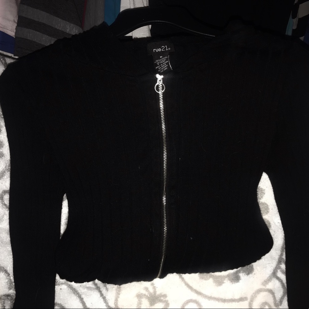 Rue 21 zip up sweater all black thin and stretchy material